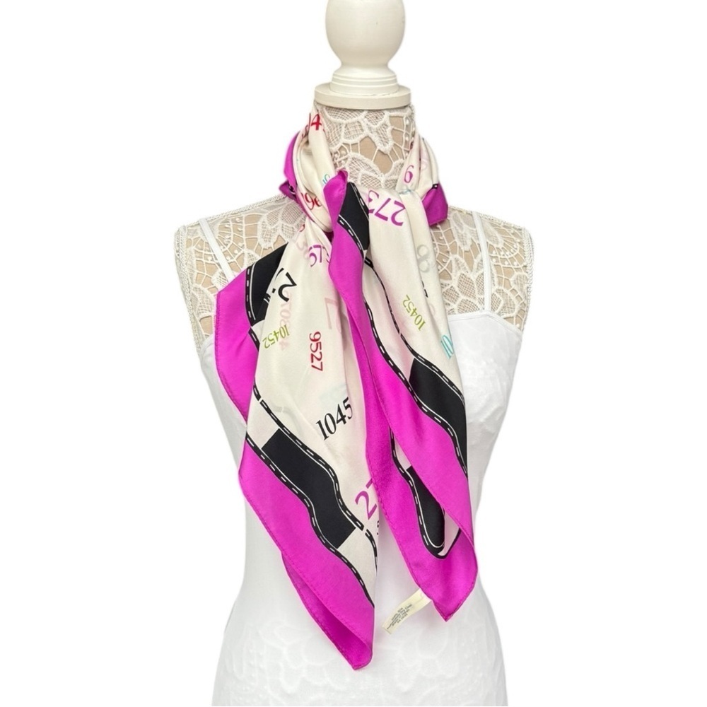 Vintage Zip Code Printed Silk Scarf 35” x 34” Multicolor Pink Magenta Realtor